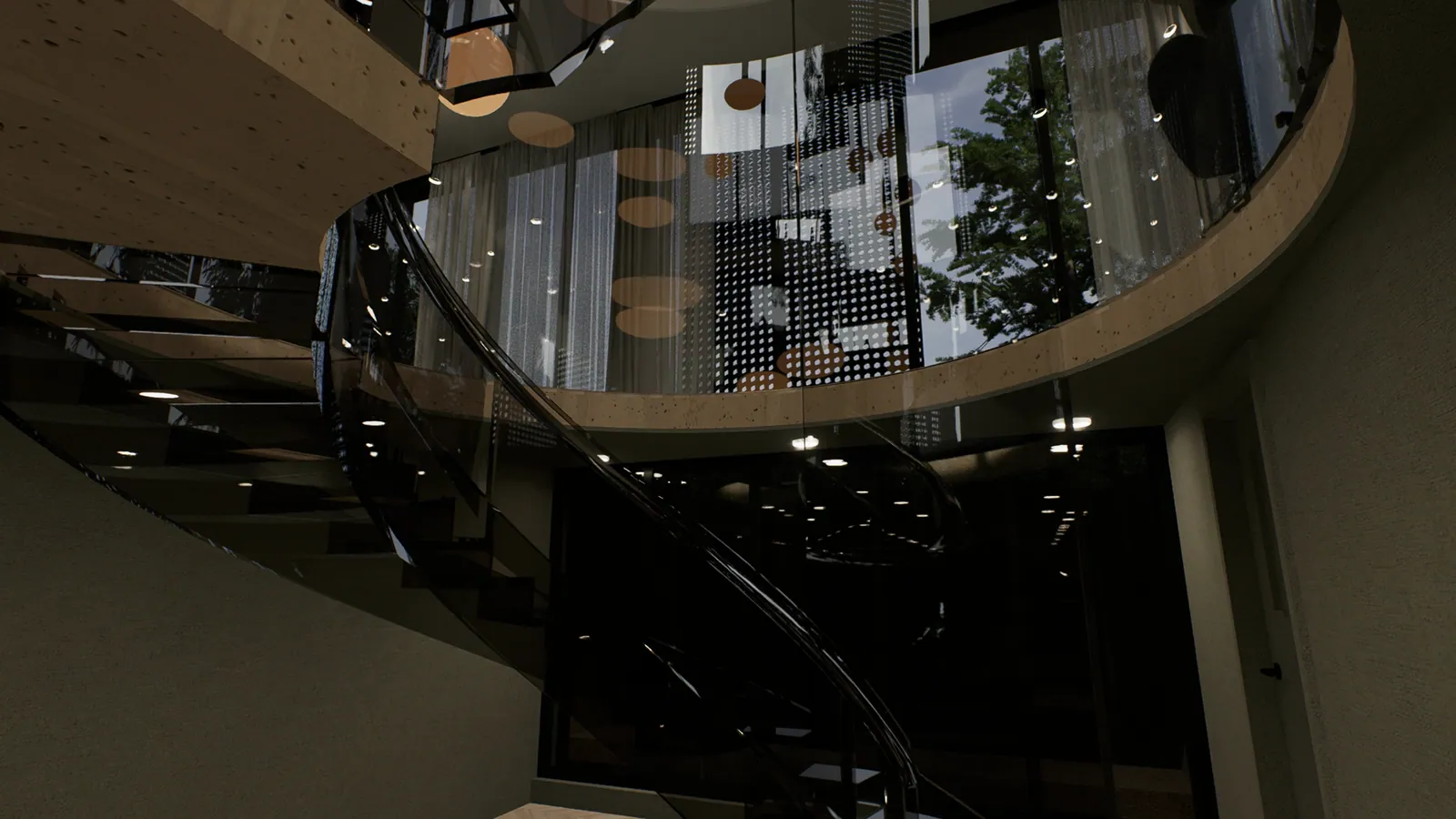 Espace intérieur avec escalier hélicoïdal et grande baie vitrée